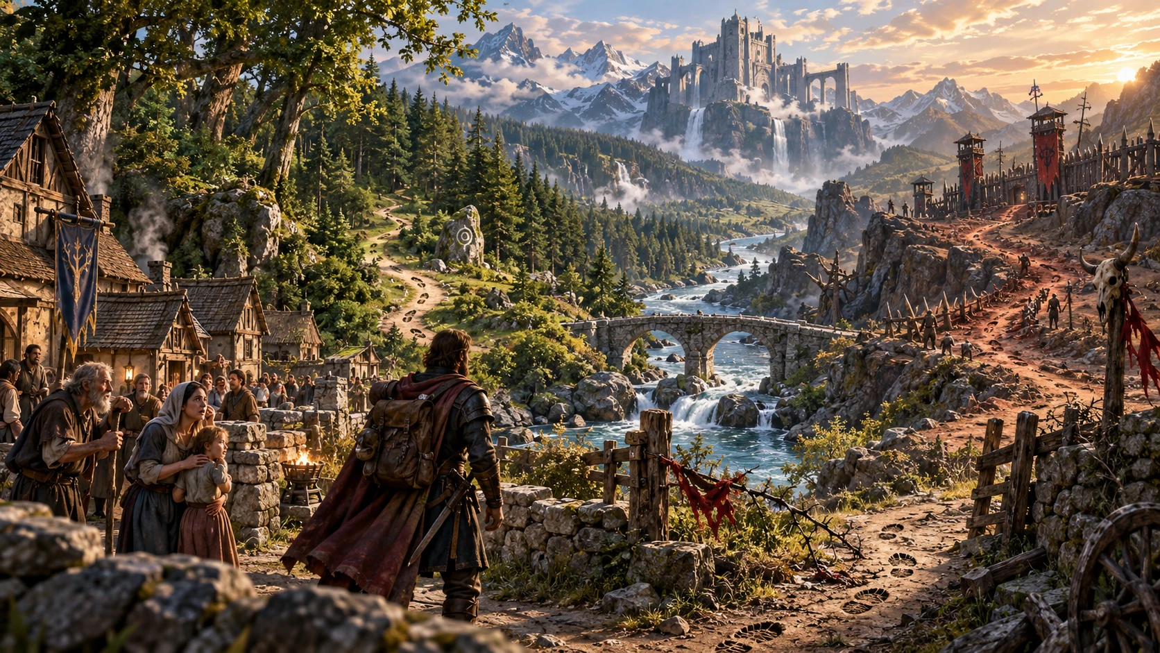 Fantasy illustration of an adventurer at branching paths between a settlement, river bridge and fortified mountain route