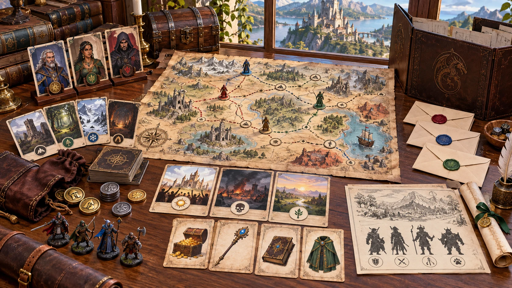 Fantasy illustration of a quest folio with a branching map, character portraits, rewards and sealed player briefings