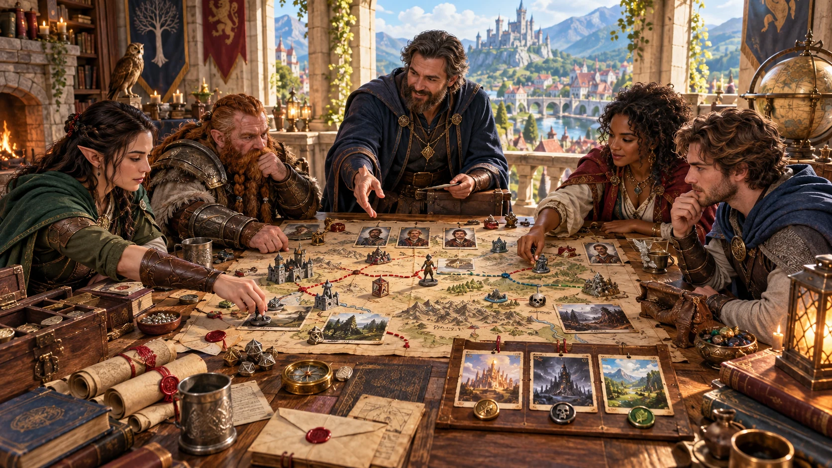 Fantasy illustration of tabletop companions arranging quest routes, clues and character portraits on a map